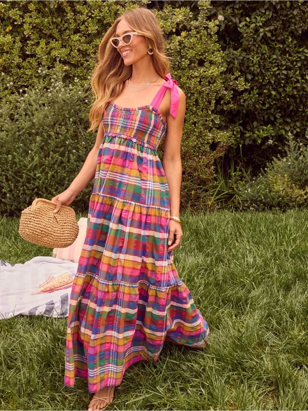Vici Multi-Color Plaid Maxi Dress with Pink Tie Straps - Picture 3 of 3